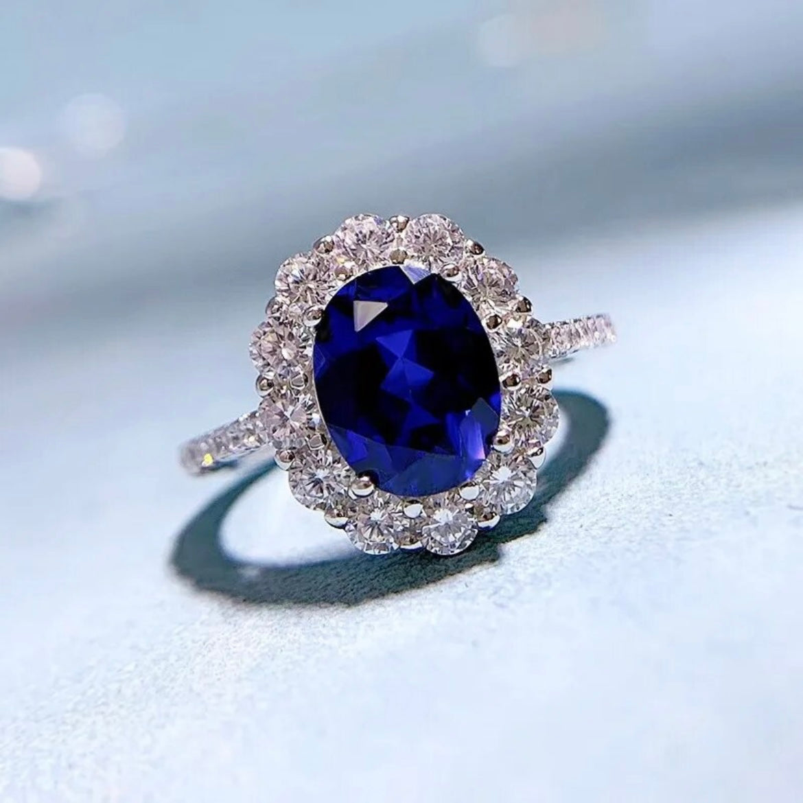 Oval Blue Sapphire Diamonds Halo Fancy Ring 3ct