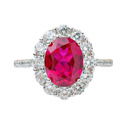 Oval Red Ruby Diamonds Halo Fancy Ring 3ct