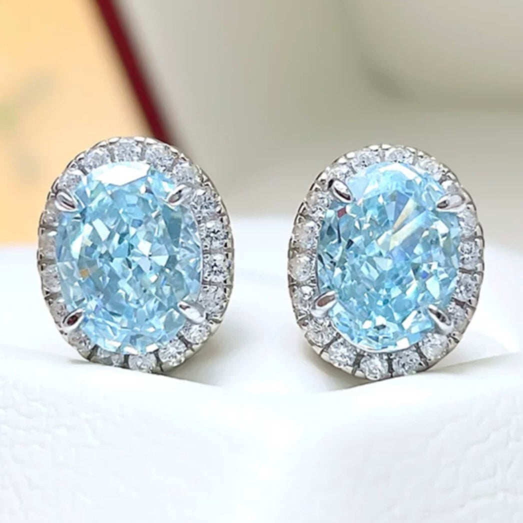 Oval Crushed Ice Blue Aquamarine Halo Stud Earrings 1.5ct each