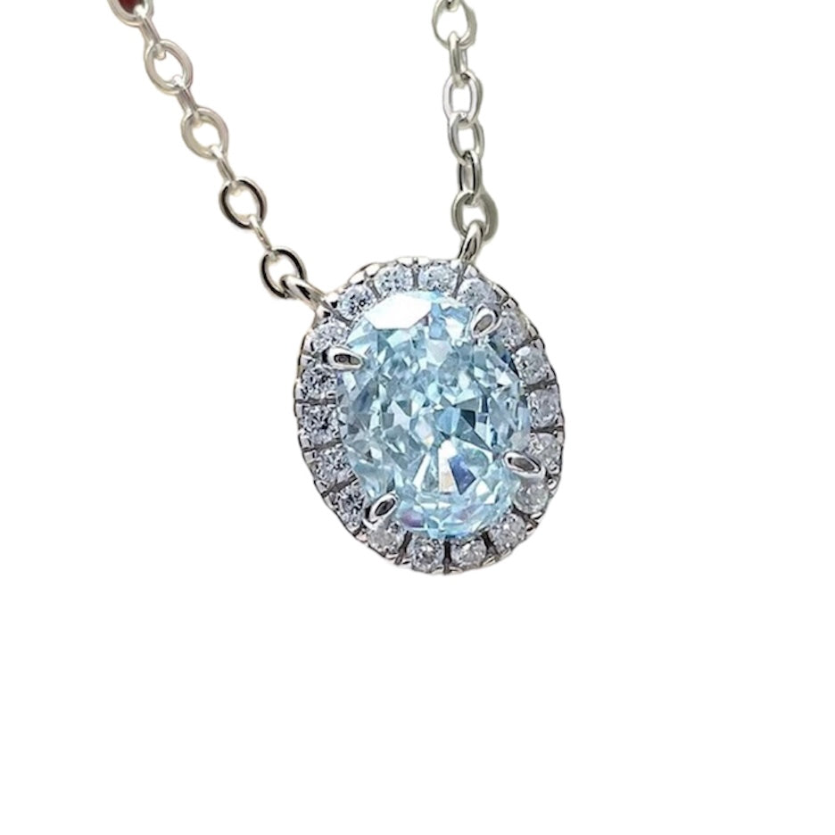 Oval Crushed Ice Blue Aquamarine Halo Pendant Necklace 1.5ct