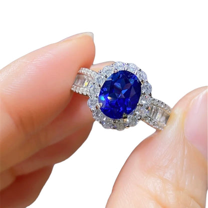 Luxury Oval Blue Sapphire Diamonds Halo Fancy Ring 3ct