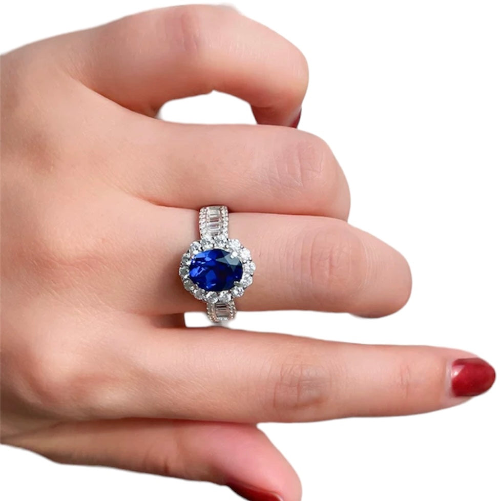 Luxury Oval Blue Sapphire Diamonds Halo Fancy Ring 3ct