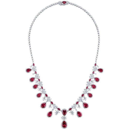 Exquisite Radiance Red Ruby Diamond Pear Halo Necklace