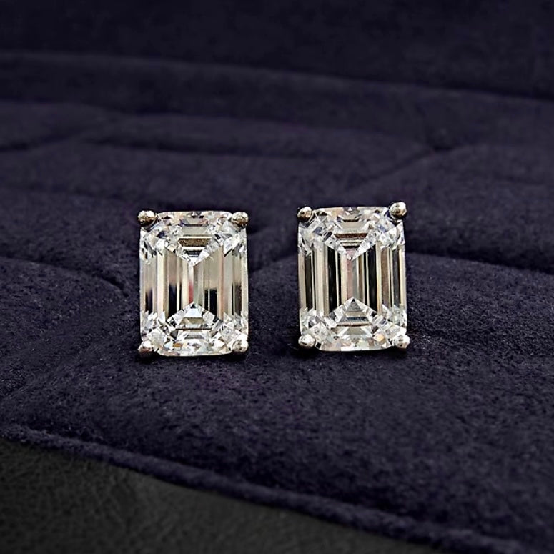 Emerald Cut Diamond Stud Earrings 2ct Each