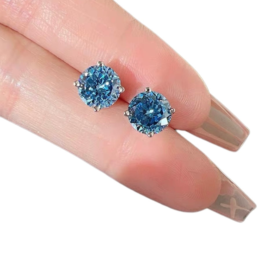 Round Crushed Ice Cut Fancy Blue Diamond Stud Earrings 2ct Each