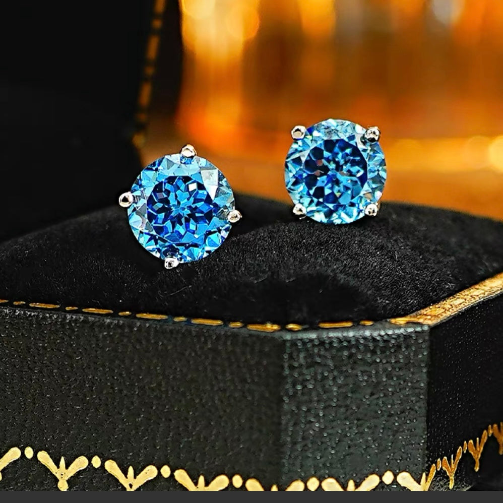 Round Crushed Ice Cut Fancy Blue Diamond Stud Earrings 2ct Each