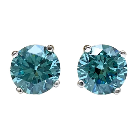 Round Brilliant Fancy Green Diamond Classic Stud Earrings 2ct Each