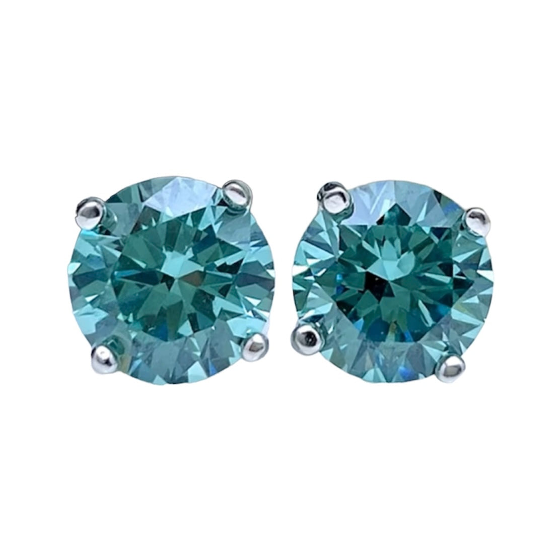 Round Brilliant Fancy Green Diamond Classic Stud Earrings 2ct Each