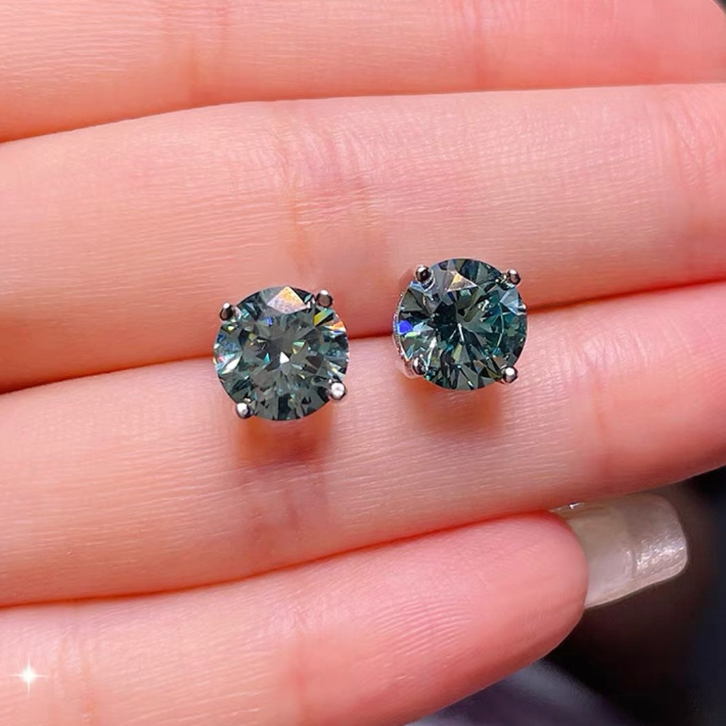 Round Brilliant Fancy Green Diamond Classic Stud Earrings 2ct Each