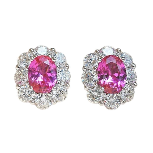 Oval Cut Fancy Intense Pink Diamonds Halo Stud Earrings 2ct Each