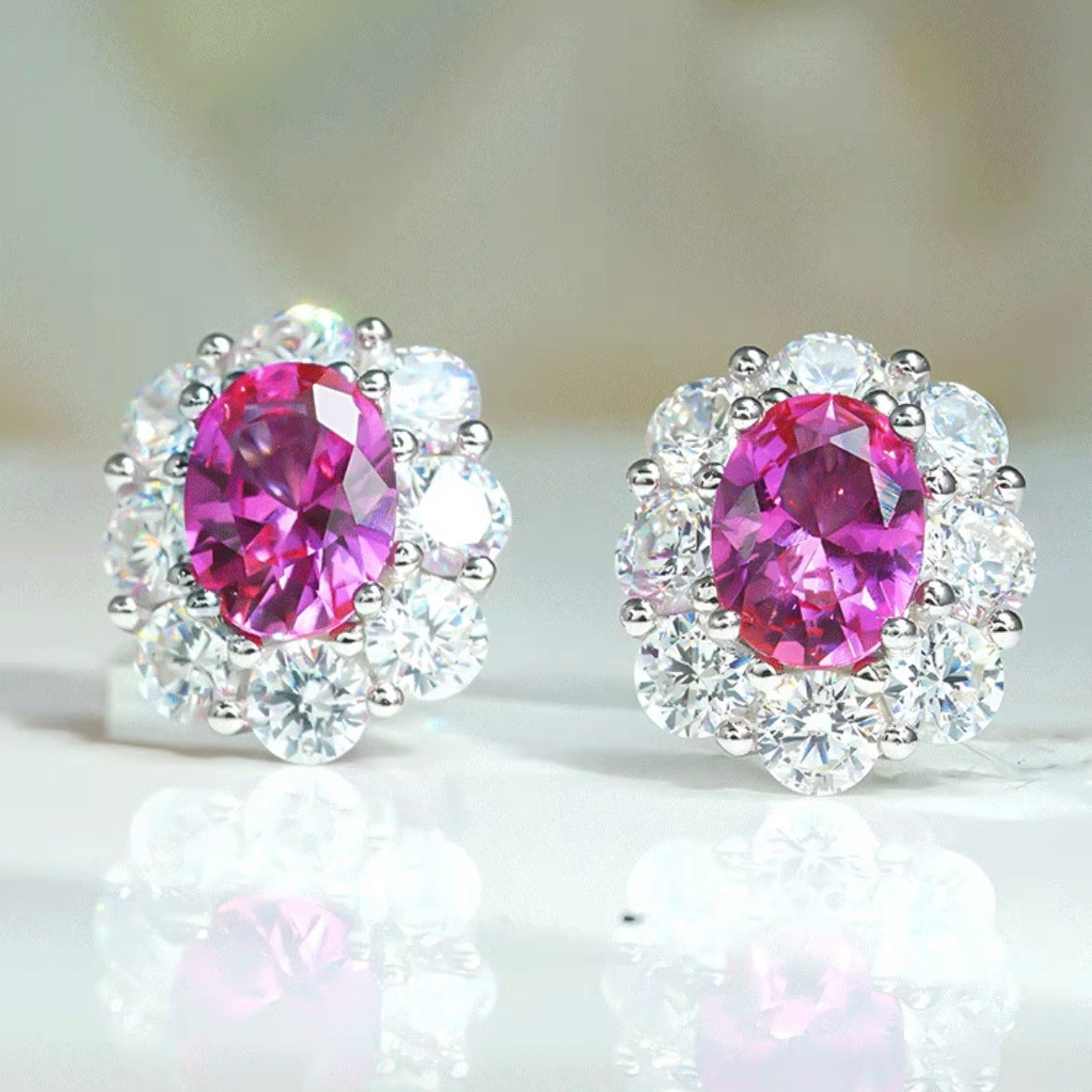 Oval Cut Fancy Intense Pink Diamonds Halo Stud Earrings 2ct Each