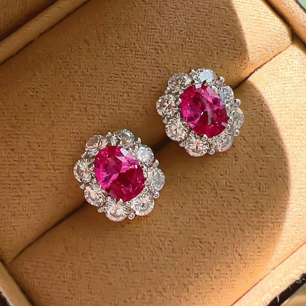 Oval Cut Fancy Intense Pink Diamonds Halo Stud Earrings 2ct Each