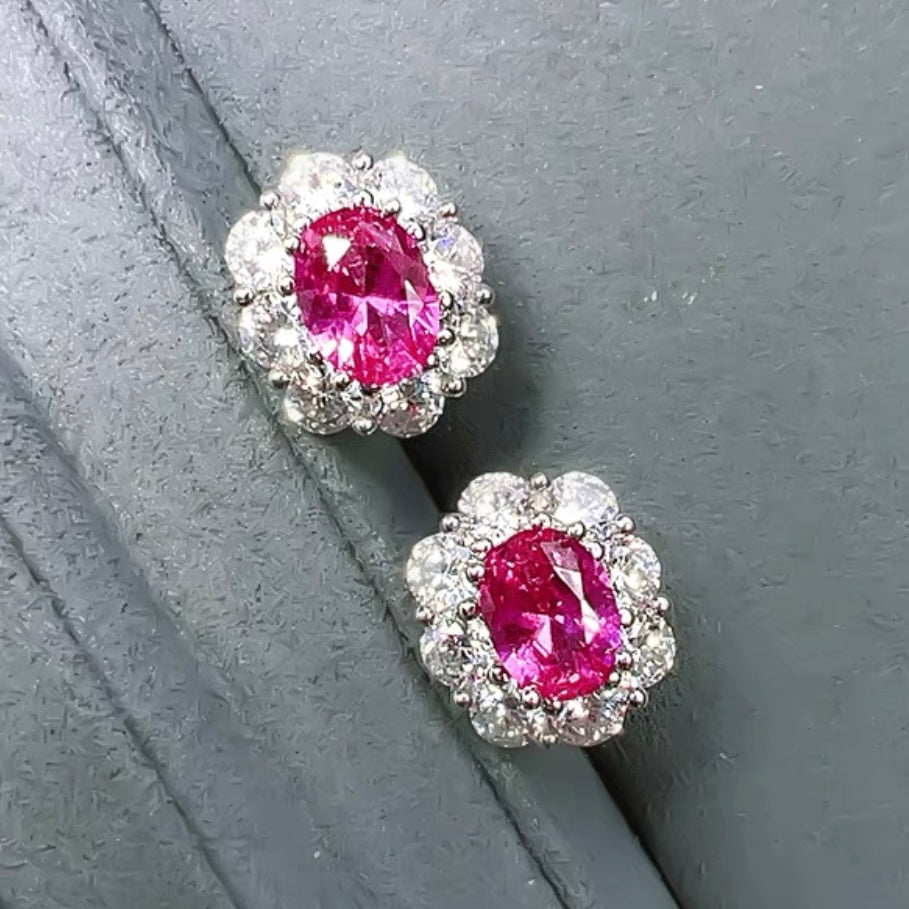 Oval Cut Fancy Intense Pink Diamonds Halo Stud Earrings 2ct Each