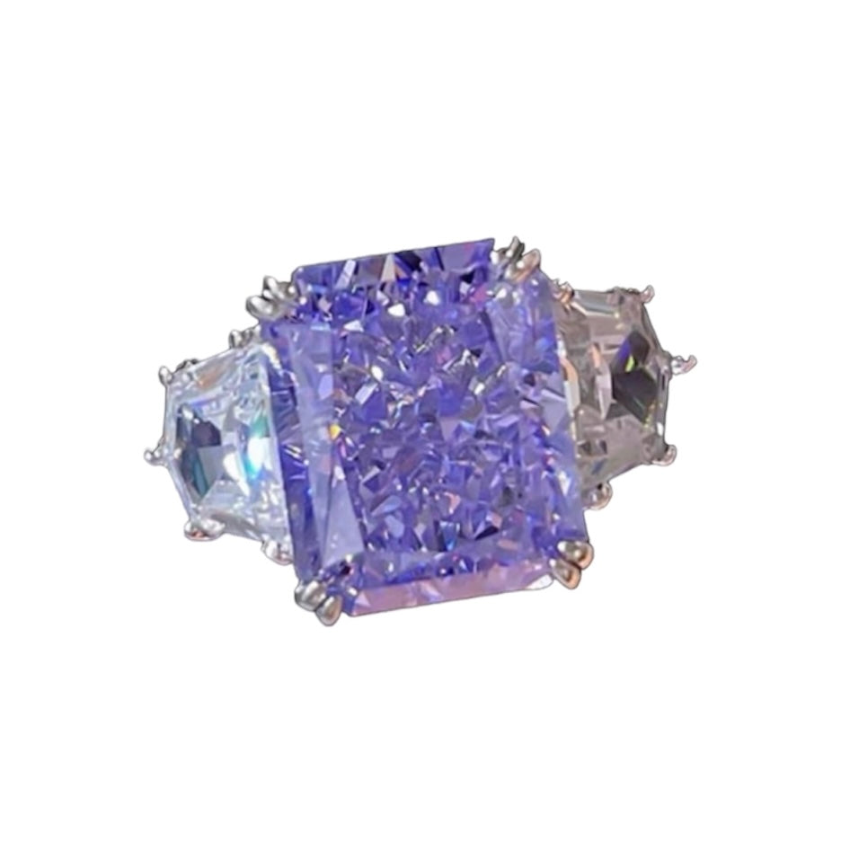 Rectangle Crushed Ice Cut Fancy Purple Diamond Three Stone Ring 8ct