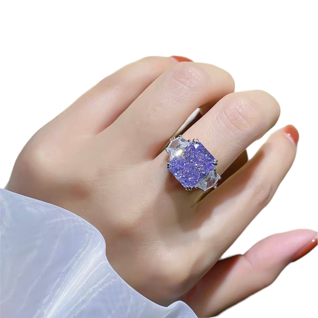 Rectangle Crushed Ice Cut Fancy Purple Diamond Three Stone Ring 8ct