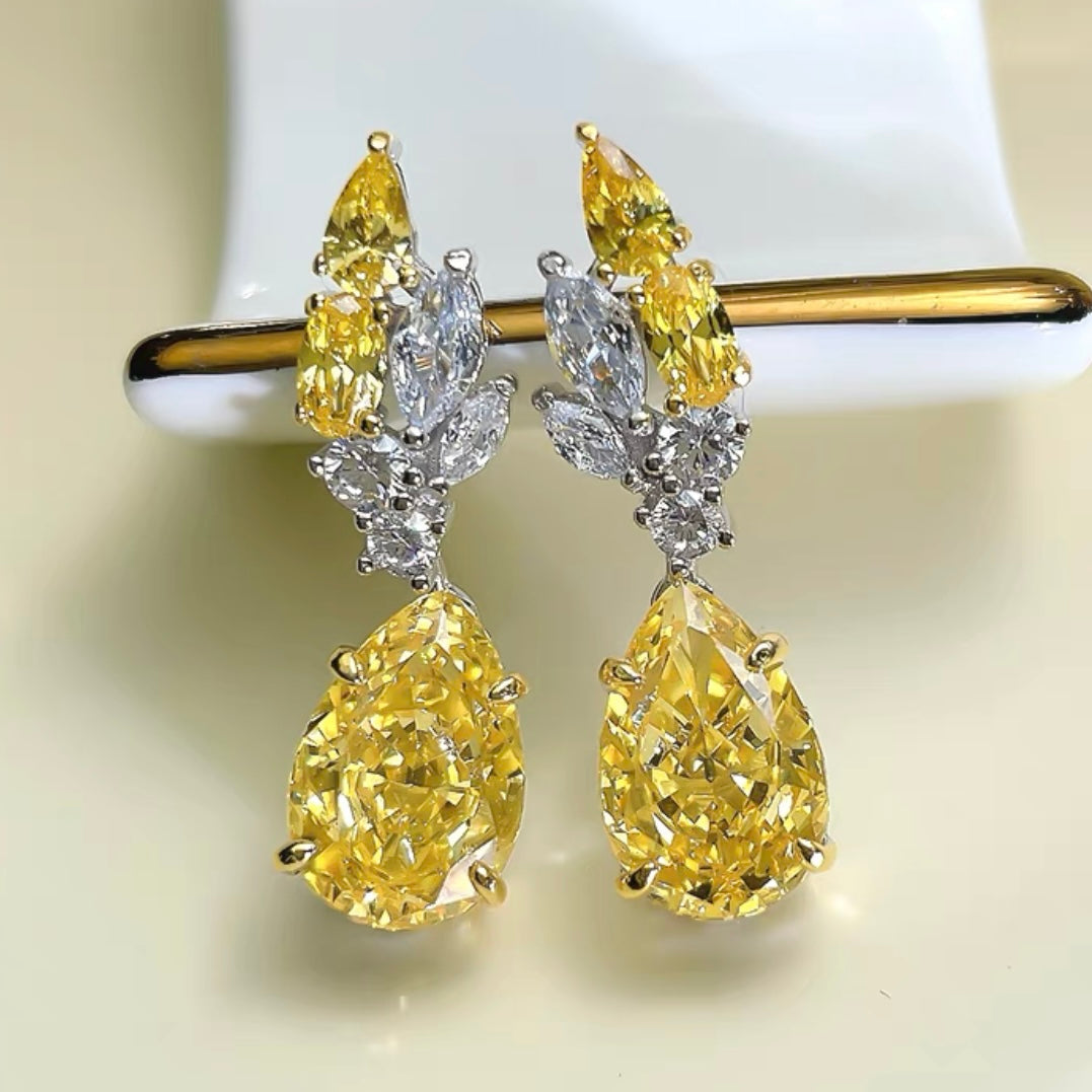 Pear Cut Yellow Diamond Cluster Drop Dangle Earrings 4ct Each