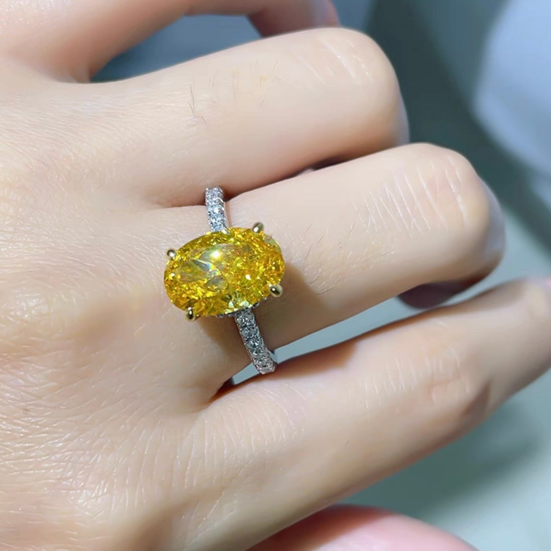 Oval Crushed Ice Fancy Yellow Diamond Fancy Solitaire Ring 5ct