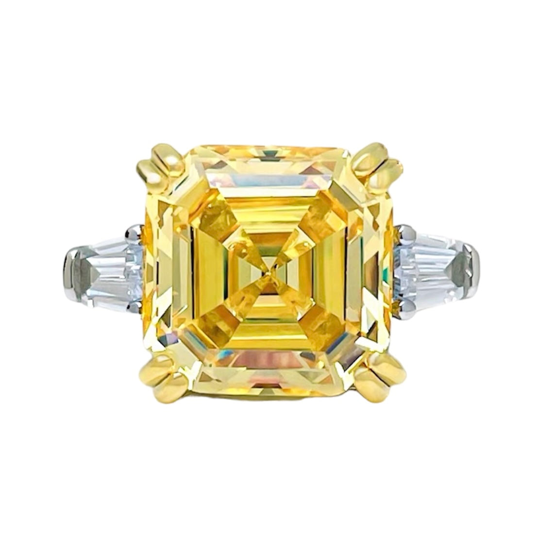 Square Asscher Cut Yellow Diamond Three Stone Ring 10ct