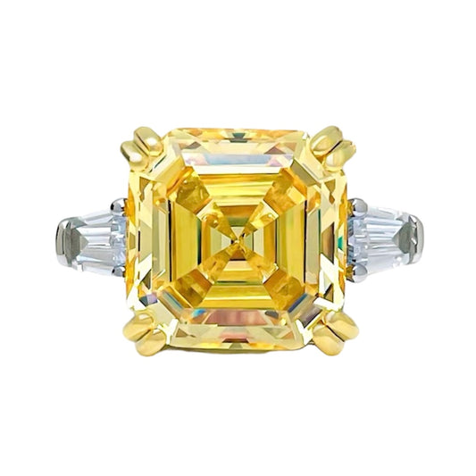 Square Asscher Cut Yellow Diamond Three Stone Ring 10ct