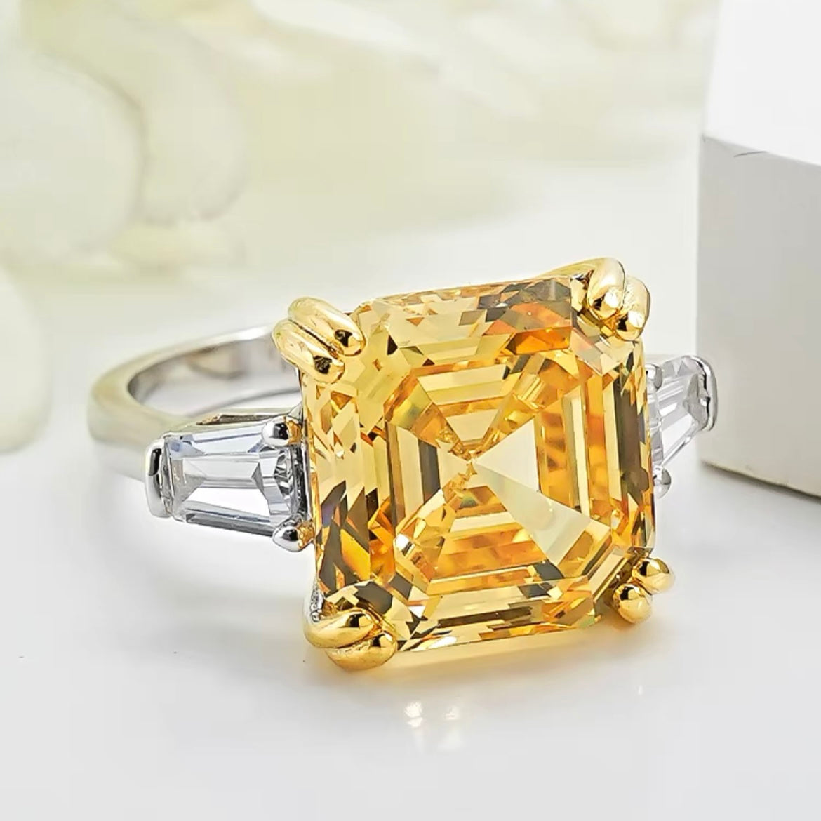 Square Asscher Cut Yellow Diamond Three Stone Ring 10ct