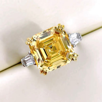 Square Asscher Cut Yellow Diamond Three Stone Ring 10ct