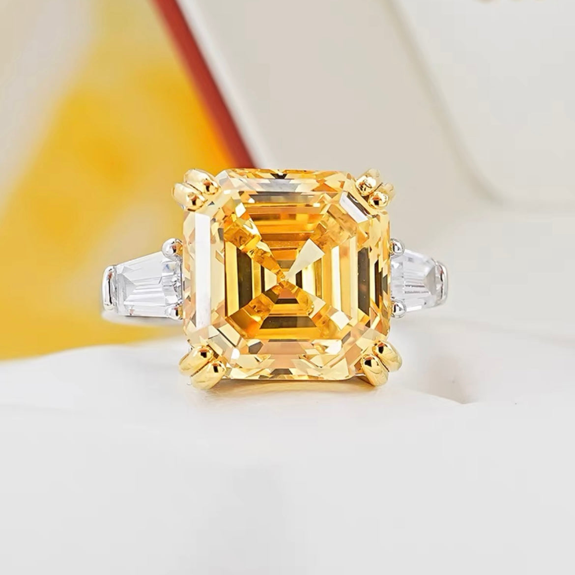 Square Asscher Cut Yellow Diamond Three Stone Ring 10ct