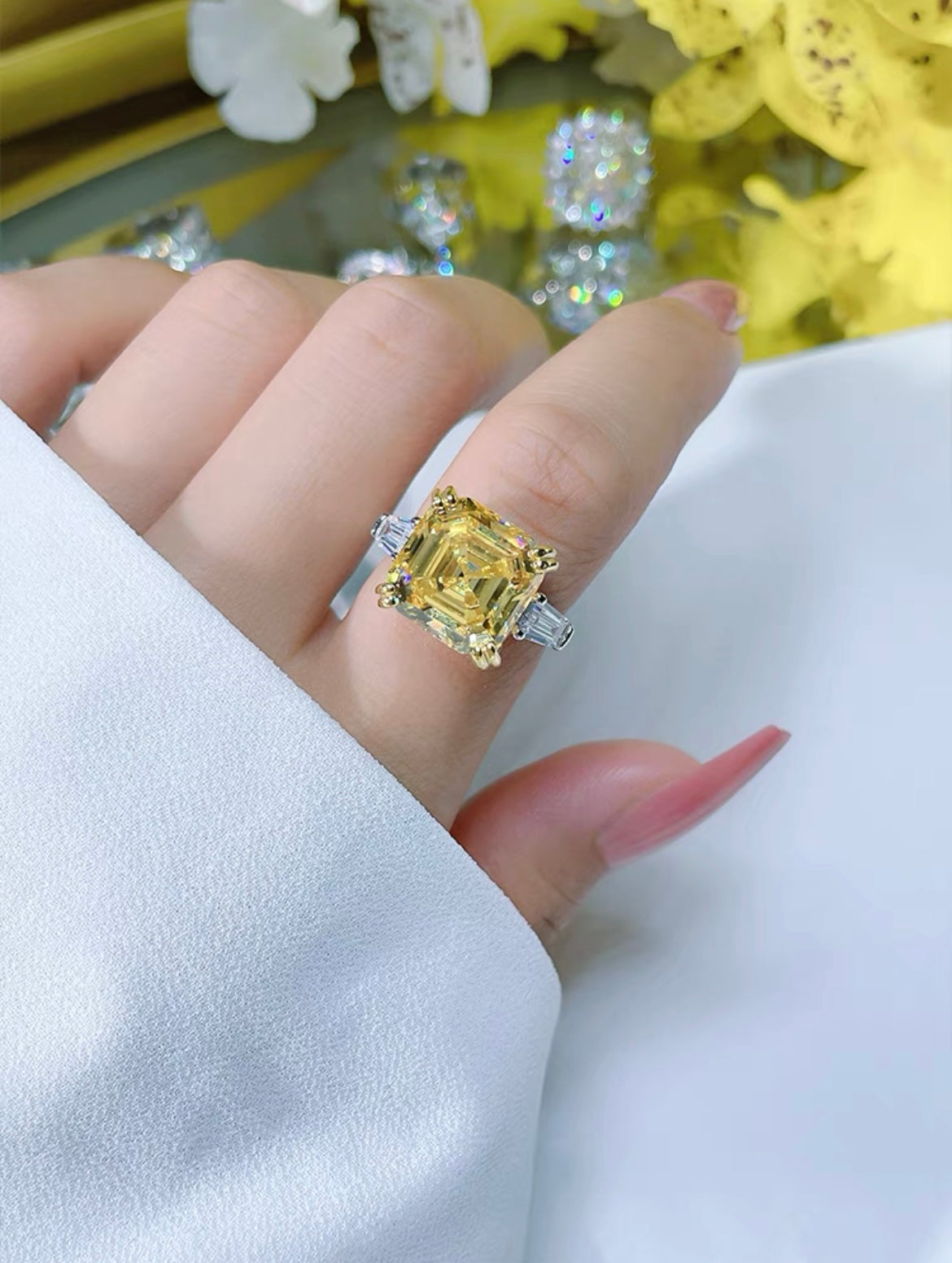 Square Asscher Cut Yellow Diamond Three Stone Ring 10ct