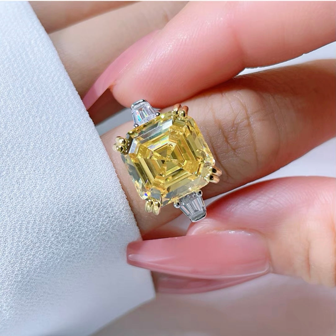 Square Asscher Cut Yellow Diamond Three Stone Ring 10ct