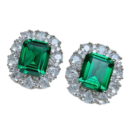 Rectangle Emerald Cut Green Emerald Halo Stud Earrings 5ct Each