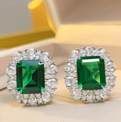 Rectangle Emerald Cut Green Emerald Halo Stud Earrings 5ct Each