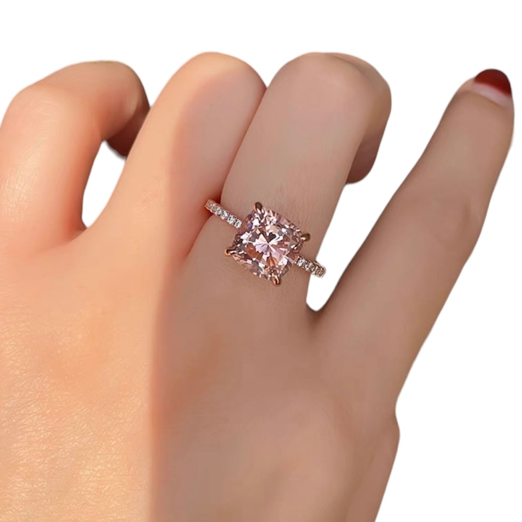 Square Cushion Cut Peach Pink Morganite Solitaire Fancy Ring 4ct