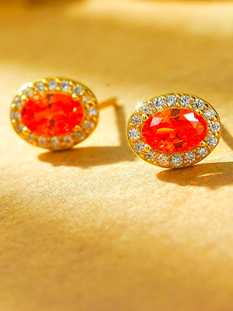 Oval Fancy Orange Diamond Halo Stud Earrings 18K Yellow Gold Plated