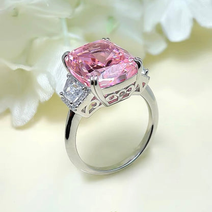 Rectangle Cushion Cut Fancy Deep Pink Diamond Three Stone Ring 12ct