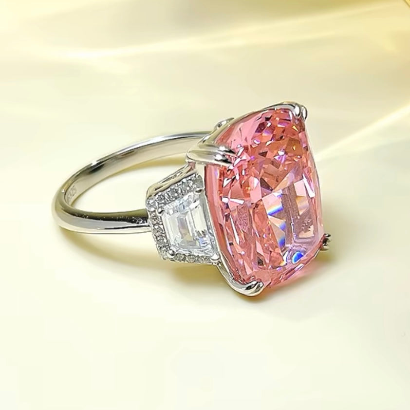 Rectangle Cushion Cut Fancy Deep Pink Diamond Three Stone Ring 12ct