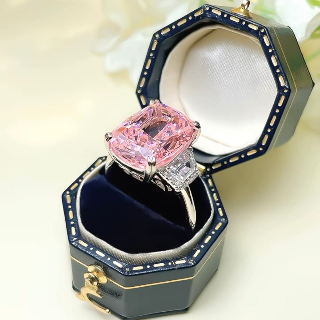 Rectangle Cushion Cut Fancy Deep Pink Diamond Three Stone Ring 12ct