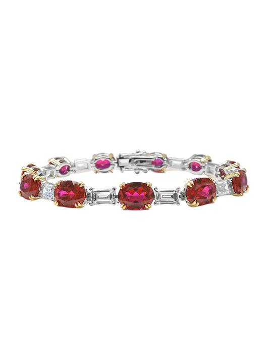 Oval Red Ruby Emerald Cut Diamond Tennis Bracelet