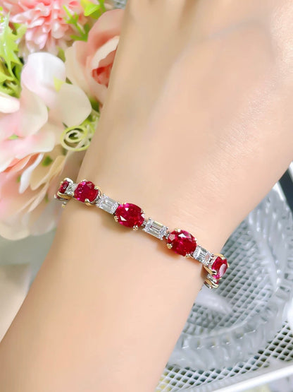 Oval Red Ruby Emerald Cut Diamond Tennis Bracelet