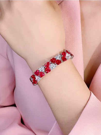 Heart Cut Red Ruby Diamond Double Layer Tennis Bracelet