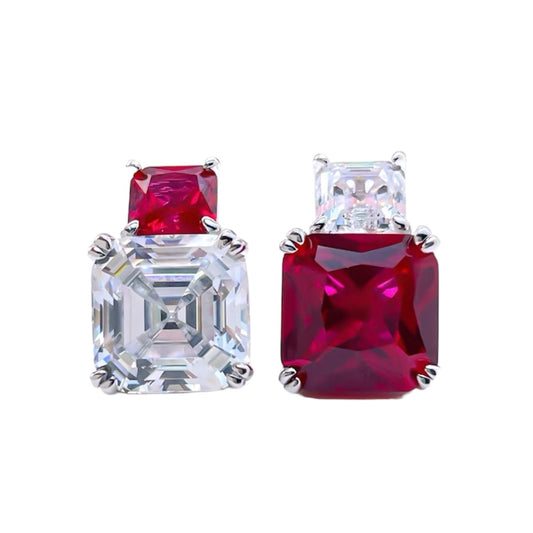 Square Asscher Red Ruby Diamond AB Stud Earrings 5ct