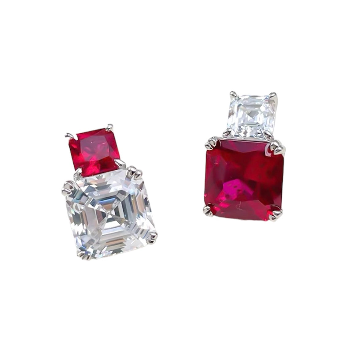 Square Asscher Red Ruby Diamond AB Stud Earrings 5ct