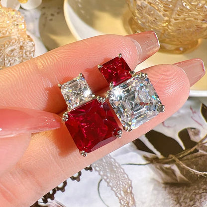 Square Asscher Red Ruby Diamond AB Stud Earrings 5ct