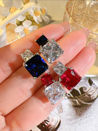 Square Asscher Red Ruby Diamond AB Stud Earrings 5ct