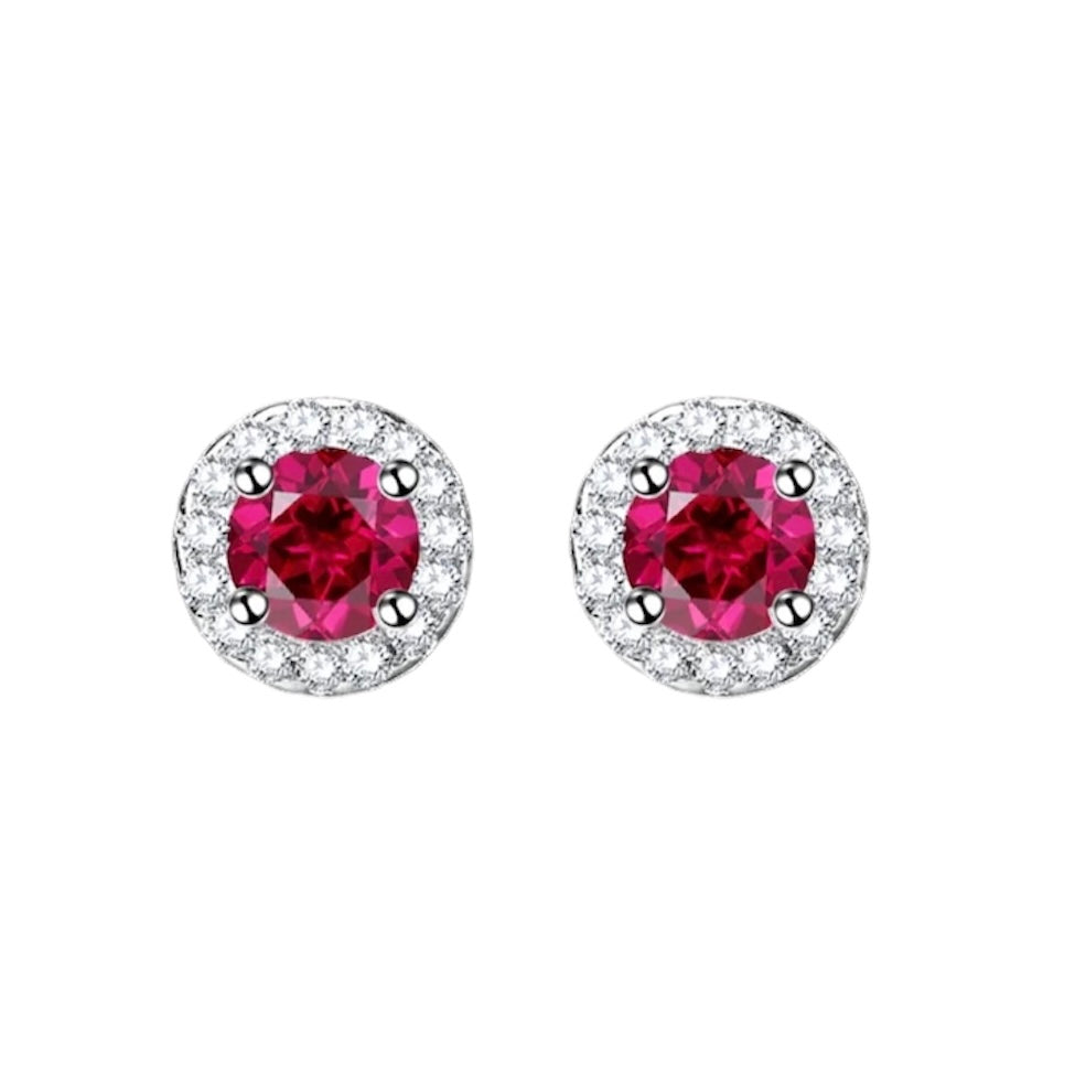 Round Red Ruby Diamond Halo Stud Earrings 4mm