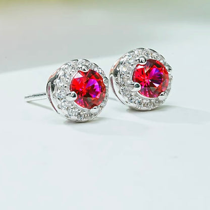 Round Red Ruby Diamond Halo Stud Earrings 4mm