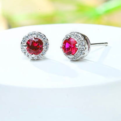 Round Red Ruby Diamond Halo Stud Earrings 4mm