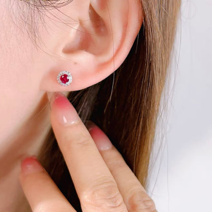 Round Red Ruby Diamond Halo Stud Earrings 4mm