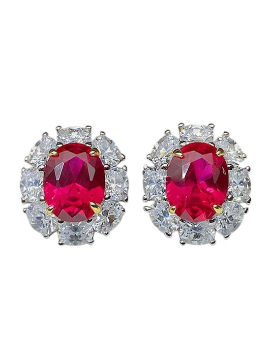 Oval Red Ruby Diamond Halo Stud Earrings 3ct Each