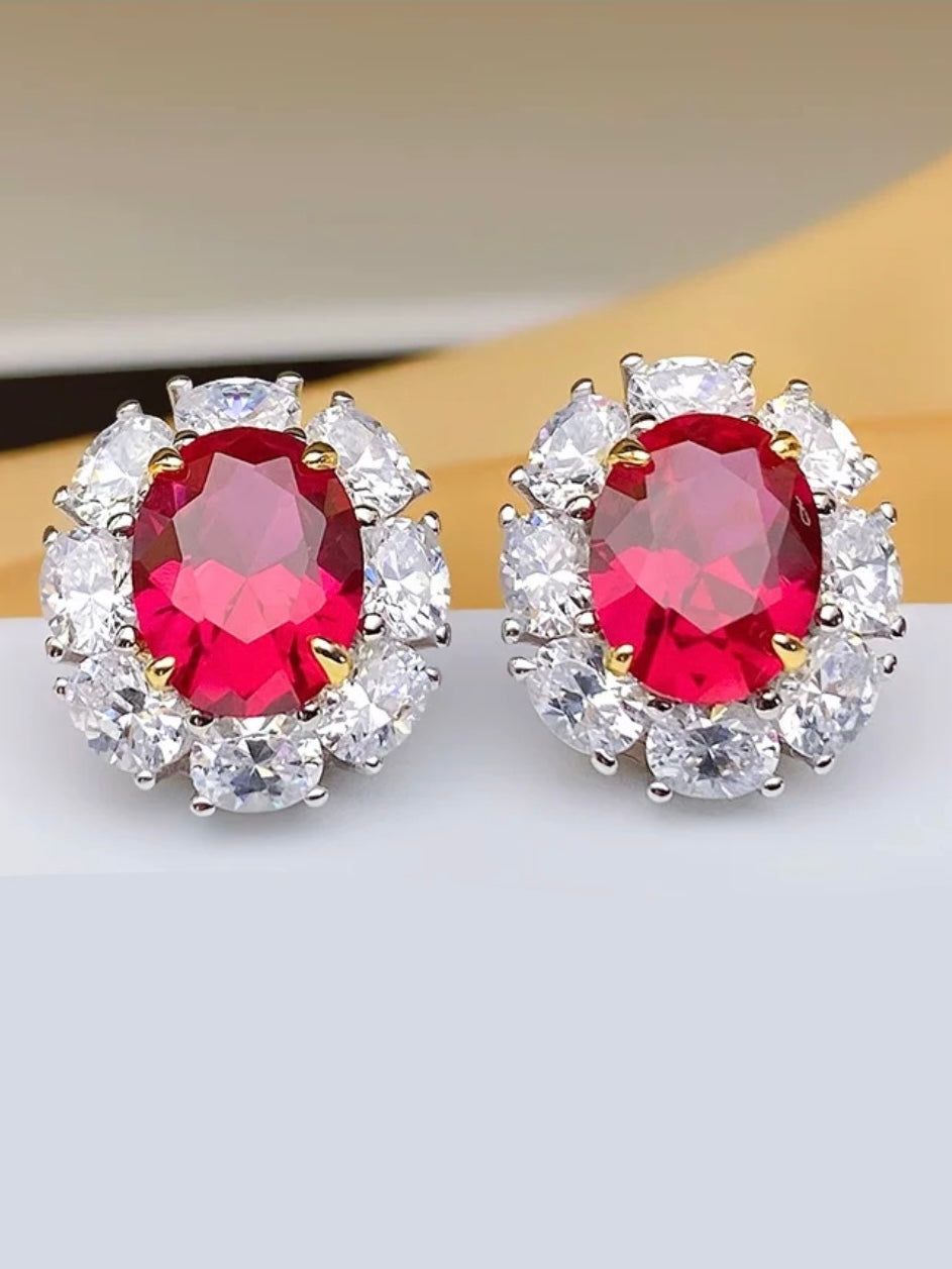 Oval Red Ruby Diamond Halo Stud Earrings 3ct Each