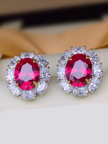 Oval Red Ruby Diamond Halo Stud Earrings 3ct Each