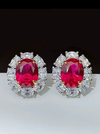 Oval Red Ruby Diamond Halo Stud Earrings 3ct Each